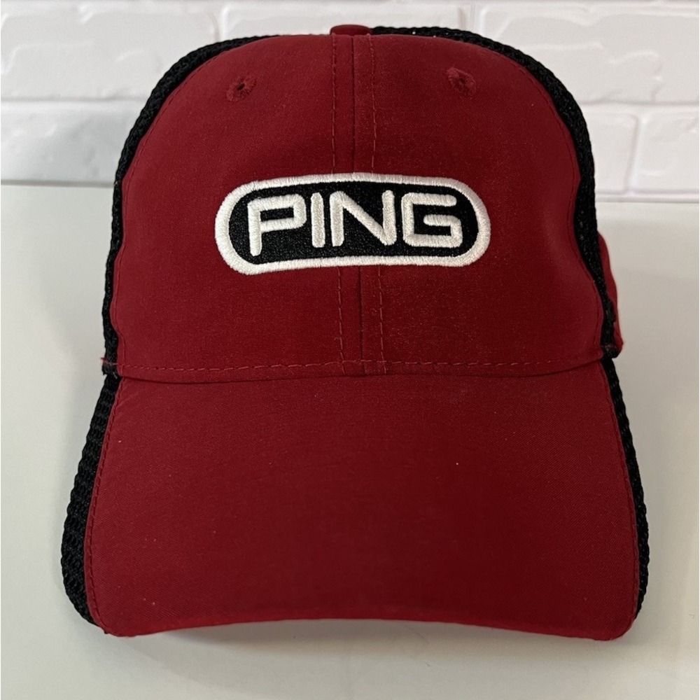PING Golf Hat Cap Adult‎ S/M Fitted Red with Black Mesh